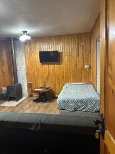 a bedroom with a bed and a flat screen tv at Cabañas rio fuy Tinaja in Puyehue