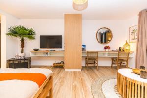 a living room with a bed and a tv at Studio 6 Alamanda Resort Orient Bay in Orient Bay