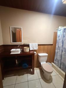 a bathroom with a toilet and a sink and a mirror at BREEZE Hostal Boca Chica in Boca Chica +4 photos
