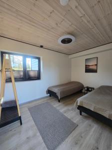 a bedroom with two beds and a ladder at Villa Remo Iso-Syöte in Syöte