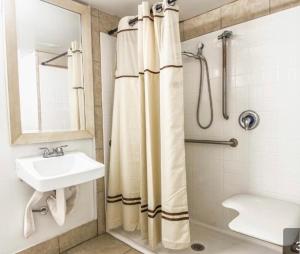 a bathroom with a shower curtain and a sink at Vienna Travel Inn in Vienna +8 photos