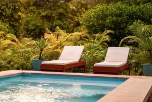 two chairs sitting next to a swimming pool at Exōtico Beach Hotel in Puerto Viejo +101 photos