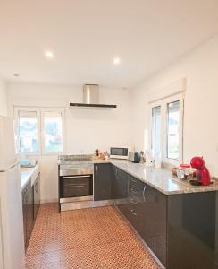 a kitchen with stainless steel appliances and a counter top at Moradia Aura Santi in Esposende