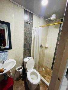 a bathroom with a toilet and a shower and a sink at Hotel Colonial Betulia D in Tunja +25 photos