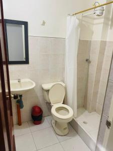 a bathroom with a toilet and a shower and a sink at Hotel Colonial El Bosque A in Tunja +26 photos