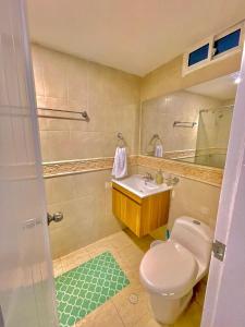 a bathroom with a toilet and a sink and a mirror at IvoMar Karey 102 in Rodadero