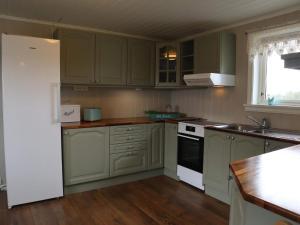 a kitchen with green cabinets and a white refrigerator at 7 person holiday home in Risør in Risør