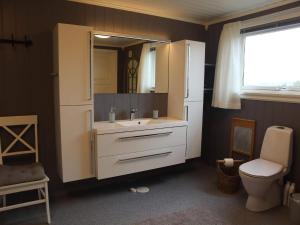 a bathroom with a sink and a mirror and a toilet at 7 person holiday home in Risør in Risør +34 photos