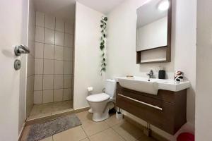 a bathroom with a sink and a toilet and a mirror at FARE TEMEAO near ferry dock in Papeete +4 photos