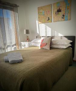 a bedroom with a large bed with pillows on it at Bonnie Views Cottage in Clunes