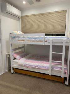 two white bunk beds in a room with a window at Eastern Suburbs Gem in Forest Hill