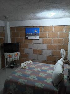 a bedroom with a bed and a brick wall at Casa Ticitl temazcalli in Tepoztlán +25 photos