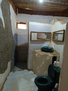 a bathroom with a green toilet and a sink at Cabañas Ecológicas in Tela in Tela +30 photos