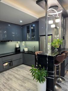 a kitchen with blue cabinets and a table with a plant at Sun's house in Phan Rang–Tháp Chàm