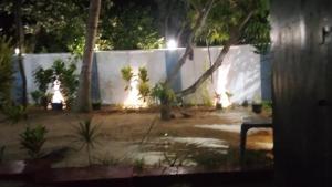 a backyard at night with a white fence and trees at Zeenath Villa - Arugambay in Arugam Bay