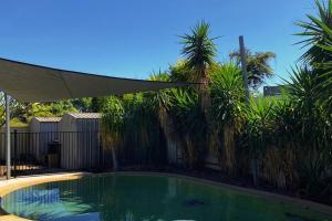 a swimming pool with an umbrella and palm trees at Healy Retreat in Mary Kathleen
