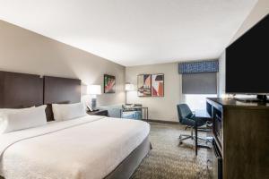 a hotel room with a bed and a desk and a television at Hampton Inn Milledgeville in Milledgeville