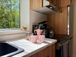 a kitchen with two pink coffee mugs on a counter at Tofino Trailhead in Tofino +5 photos