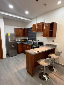 a kitchen with wooden cabinets and stainless steel appliances at Edificio Z7 in San Pedro Sula