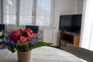 a vase of flowers sitting on a table with a television at Casa Silvia Natura Relax, Sport & Family in Omegna +18 photos