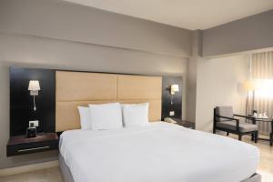 a bedroom with a large white bed and a desk at Radisson Hotel Santo Domingo in Santo Domingo