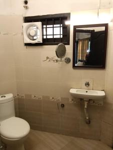 a bathroom with a toilet and a sink and a mirror at The Temple Tree Residence in Yelagiri +18 photos
