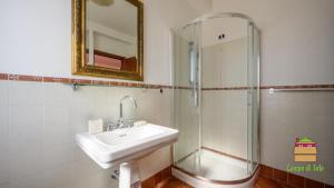 a bathroom with a sink and a glass shower at In Vino Veritas B&B in Arcola