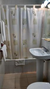 a bathroom with a shower curtain with a sink at Pensión Rural Arroyo la Teja in Arroyo Frio