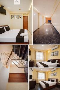 a collage of four pictures of a room at M Balaji inn in Vellore