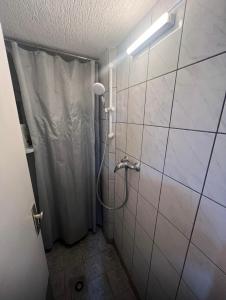 a bathroom with a shower with a shower curtain at ZK Zimmer in Stuttgart