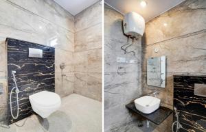 two pictures of a bathroom with a toilet and a shower at GREAT ROYAL eMPIRE in Tājganj +18 photos