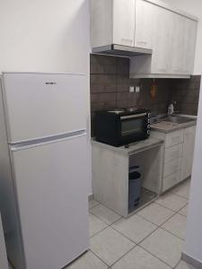 a white kitchen with a refrigerator and a microwave at Melirito in Olympiada