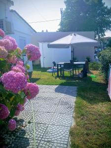 a patio with a table and an umbrella at Melirito in Olympiada