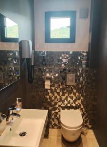 a bathroom with a toilet and a sink and a window at UB Prenociste in Vranjska Banja +50 photos