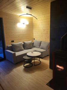 a living room with a couch and a table at Dom z Widokiem na Tatry- Luxury Chalet in Klikuszowa