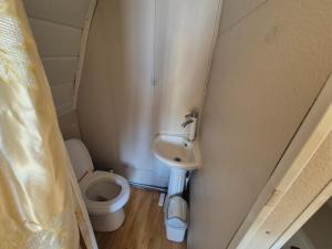 a small bathroom with a toilet and a sink at Gana's Guest House and Tours in Ulaanbaatar