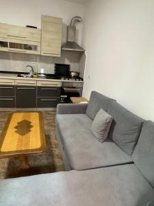 a living room with a couch and a kitchen at aldo apartments in Shëngjin