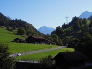 a winding road in a valley with houses and mountains at Landgasthof Tännler in Innertkirchen