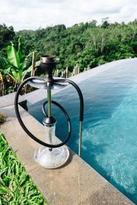 a water fountain next to a swimming pool at Bubble 9 - Luxury Private Pool Experience Ubud in Tampaksiring
