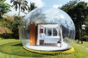 a bed in a glass ball in a garden at Bubble 9 - Luxury Private Pool Experience Ubud in Tampaksiring
