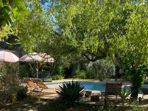 a pool with chairs and umbrellas in a yard at La Finca in Nîmes