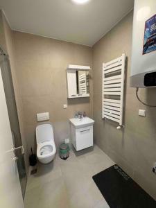a small bathroom with a toilet and a sink at Komitet Planet Apartment - Free Garage & Modern stay in Niš