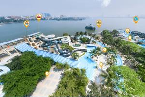 an overhead view of a water park with a water slide at A89 West Lake Hotel in Hanoi