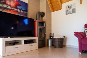 a living room with a tv and a fireplace at Ferienhaus Klapötke in Dorum
