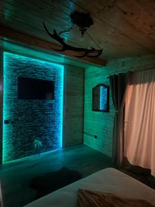 a room with a brick wall and a bed with a blue light at Cabana A Vic in Taşca