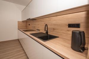 a kitchen with a sink and a counter top at Apartmán Istebné luxure in Istebné