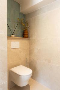 a bathroom with a toilet and a vase on a shelf at Hôtel Restaurant Le Lachens in La Bastide