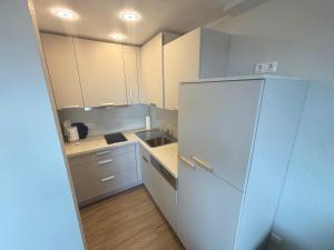 a small kitchen with a refrigerator and a sink at Tief 10 Wattwurm in Wangerland