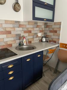a kitchen with blue cabinets and a sink at Suite4Rent Iași in Iaşi