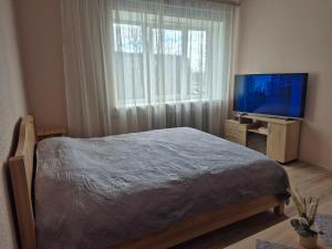 a bedroom with a bed and a flat screen tv at Sunrise in Rēzekne